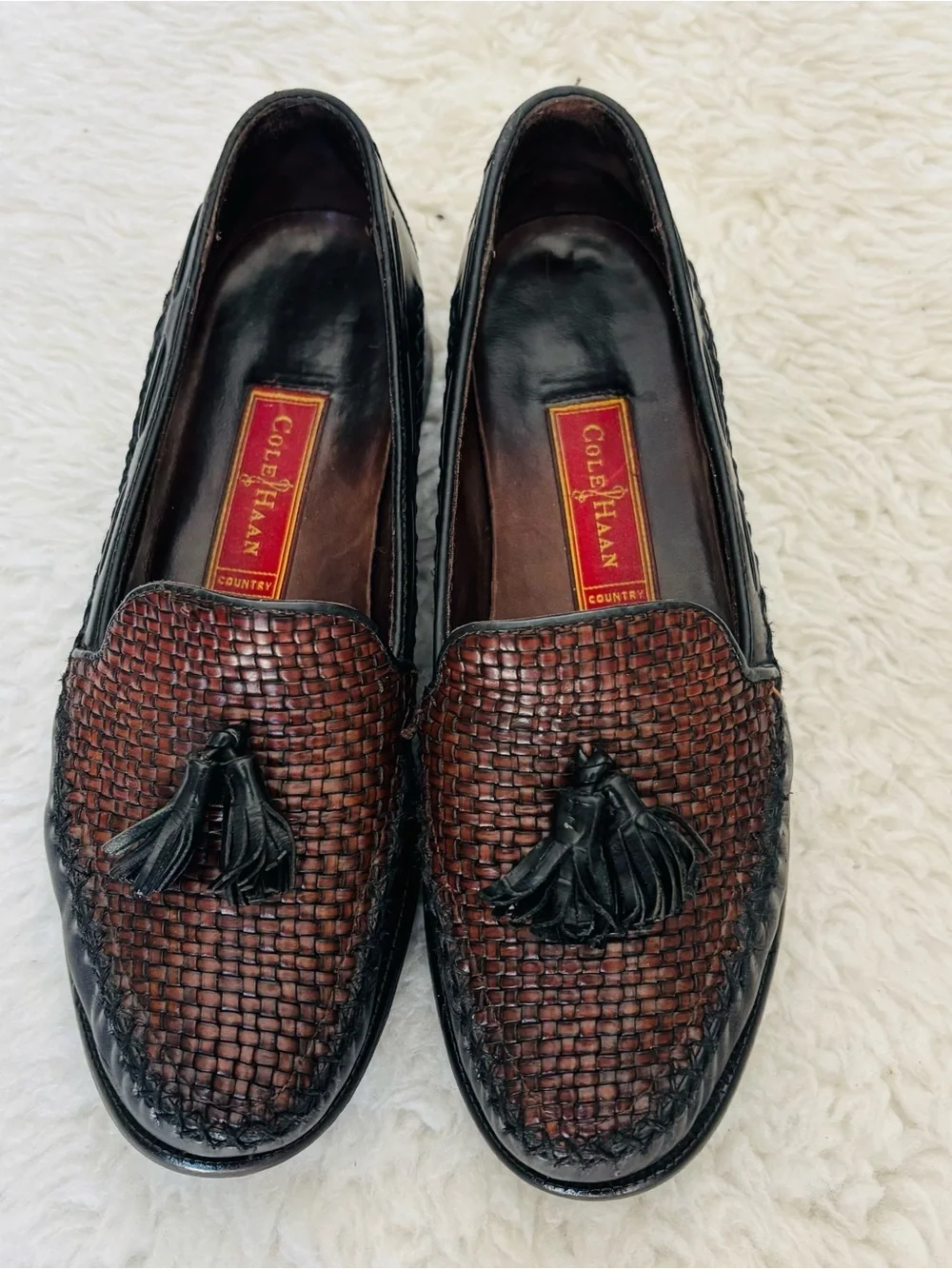 Cole Haan Brown Woven Black Leather Tassel Slip-On Loafers size 7 B